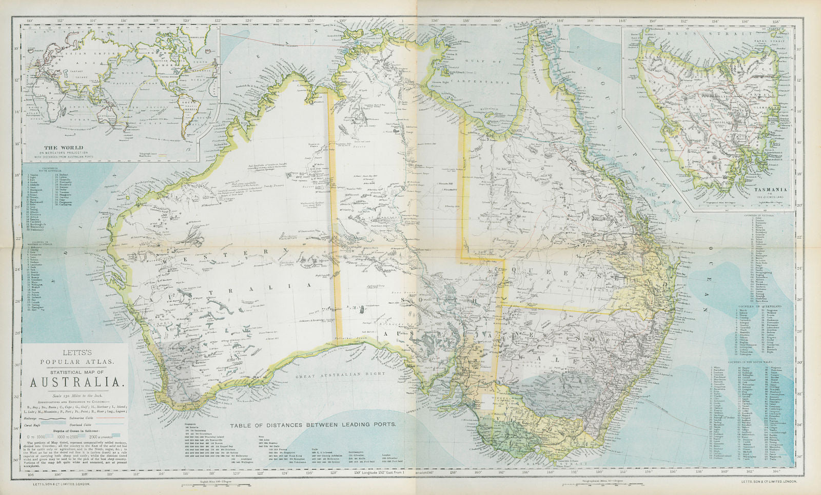 AUSTRALIA. White=unexplored. Violet & green=best sheep country. LETTS 1883 map